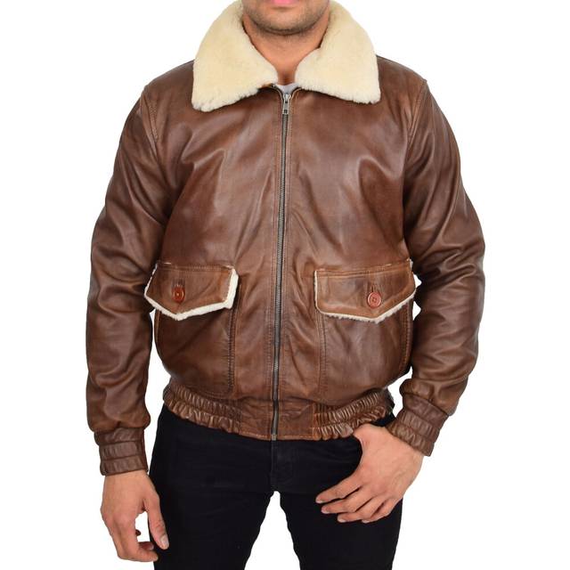 (Cognac, L) Mens Genuine Leather Pilot Jacket Cognac Flight Aviator Sheepskin Collar Bomber Blaze