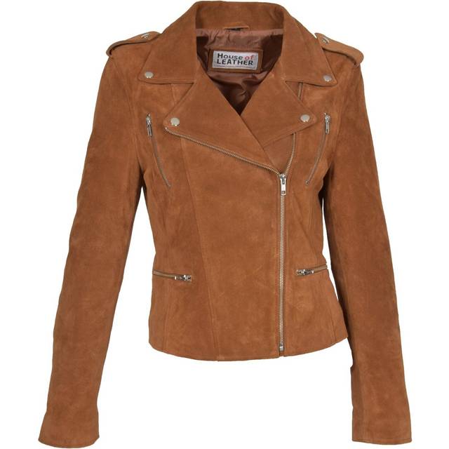 (Tan, 8) Womens Genuine X-Zip Fitted Biker Tan Suede Leather Jacket Rusty