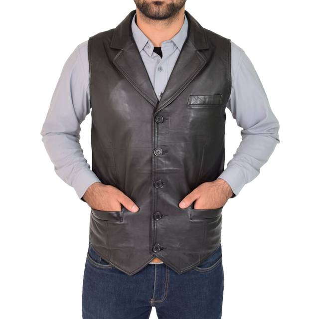 (Black, L) Mens Genuine Soft Leather Waistcoat Western Vest Yelek Rhys Black