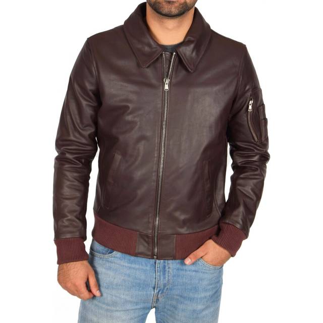 Mens real cowhide bomber leather jacket classic fitted zip up pilot coat plum