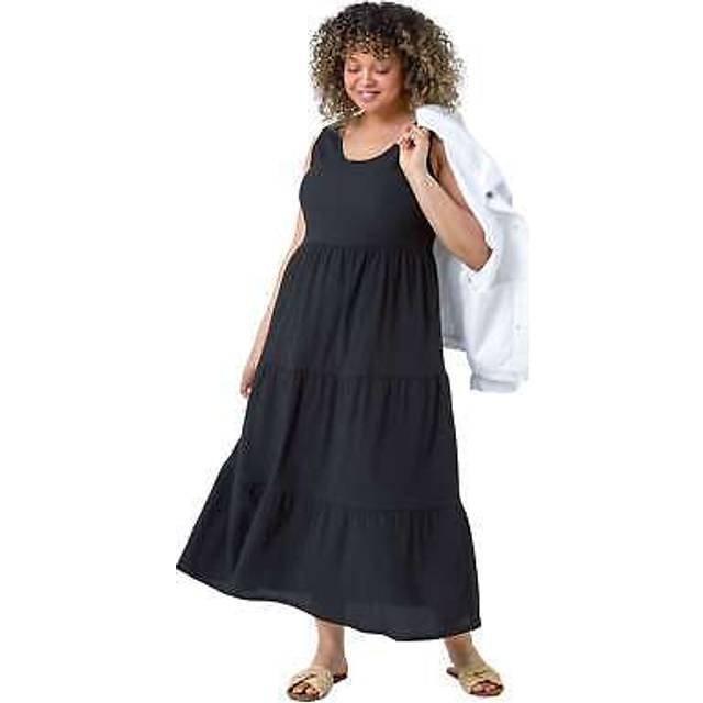 Plain Textured Tiered Midi Dress - Black - 18