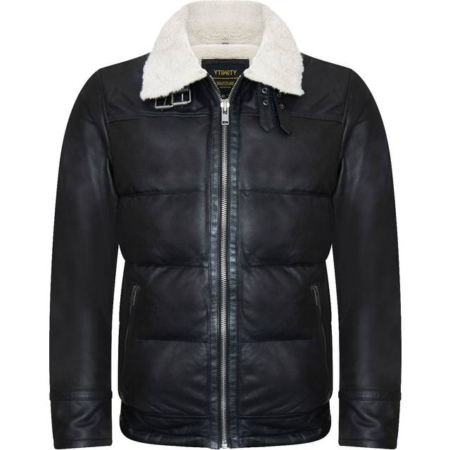 (XS) Men's Black Aviator Leather Jacket Quilted Bomber Warm Biker Puffer Jacket