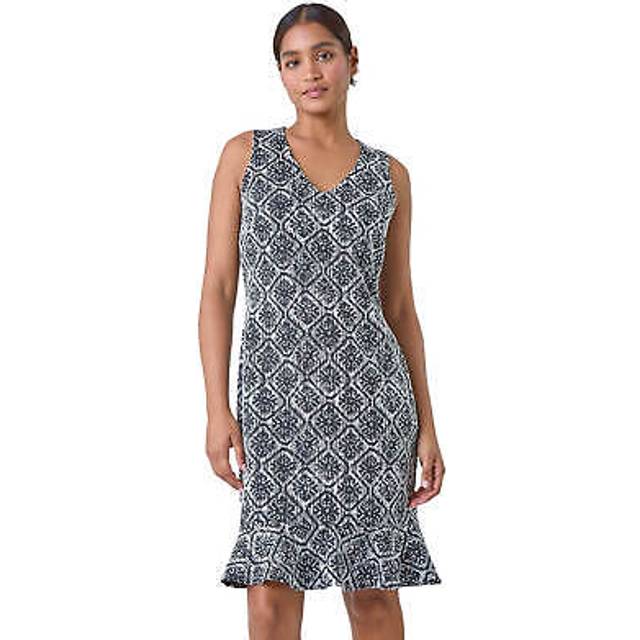 Geometric print frill hem dress for women uk - ladies roman
