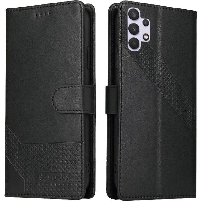 (Black) Flip Case for Samsung Galaxy A32 4g Shockproof 4 Corner Protection Kickstand Three Card Slots Premium Leather