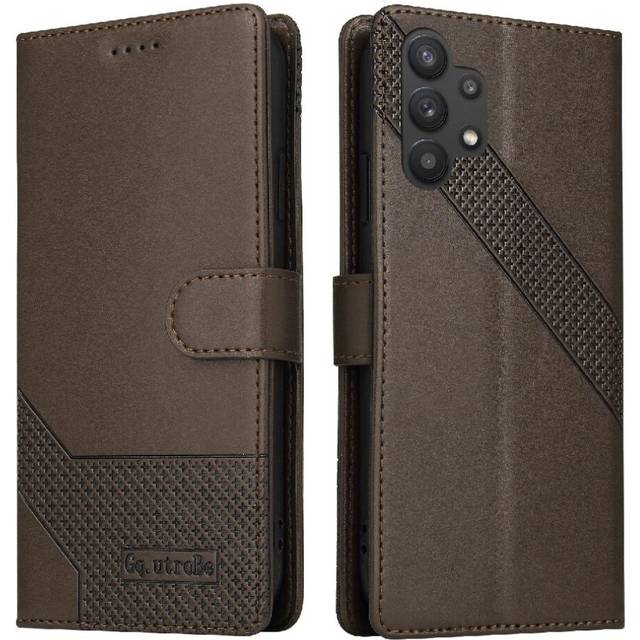 (Brown) Flip Case for Samsung Galaxy A32 5g Three Card Slots Premium Leather 4 Corner Protection Shockproof Kickstand