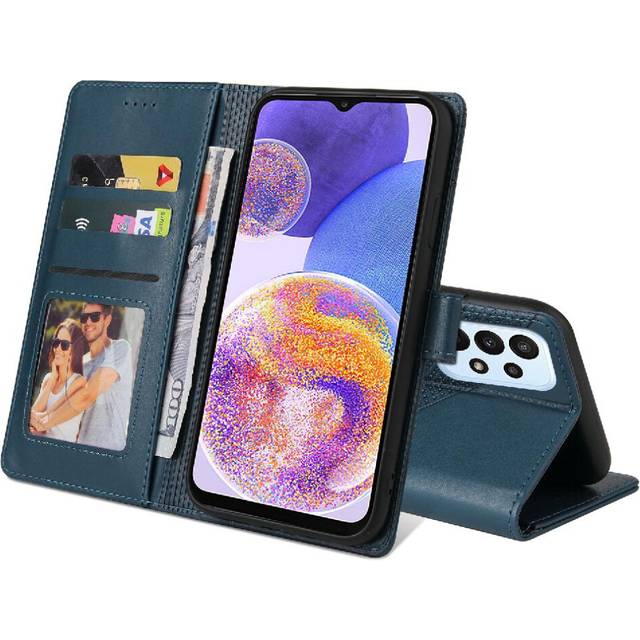 (Blue) Flip Case for Samsung Galaxy A23 Kickstand Premium Leather Three Card Slots 4 Corner Protection Shockproof