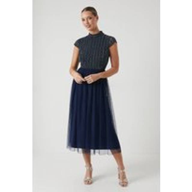Mixed Bead Cap Sleeve Bridesmaid Midi Dress - Navy - 10