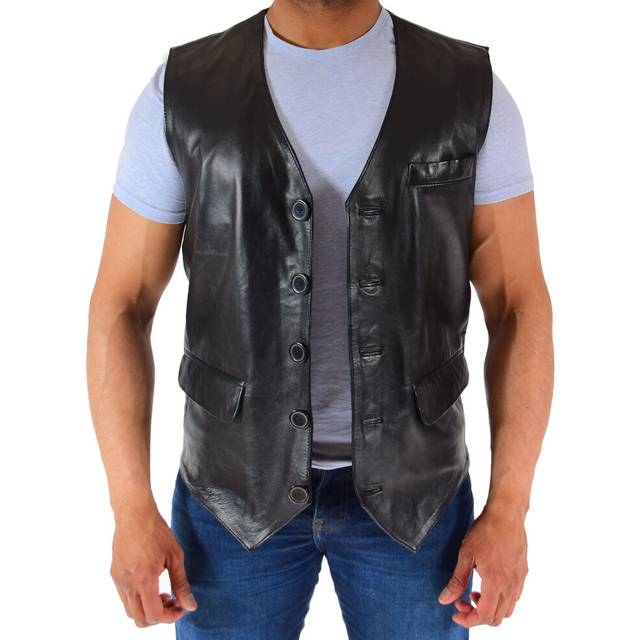 (Black, M) Mens Real Leather Waistcoat Black Soft Trendy English Style Full Leather Gilet Liam