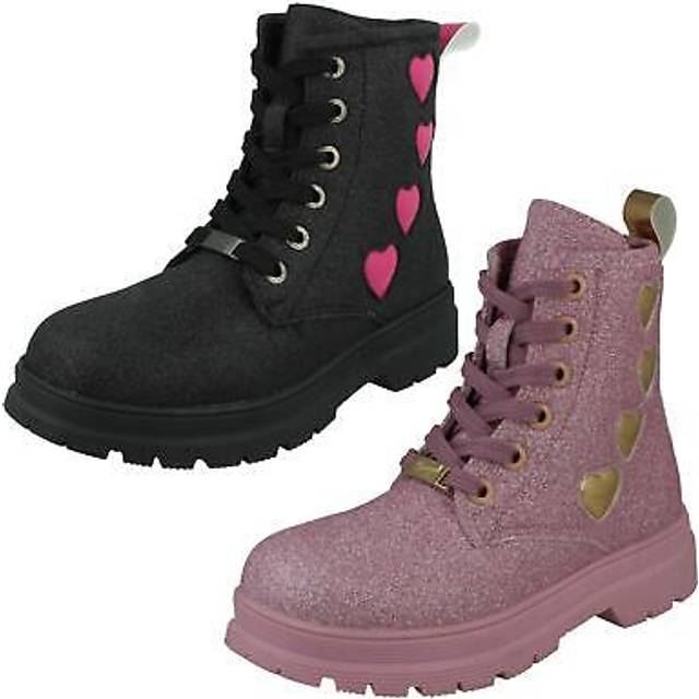 Girls h4r196 pineapple low heel lace up heart glitter boots with inside zip
