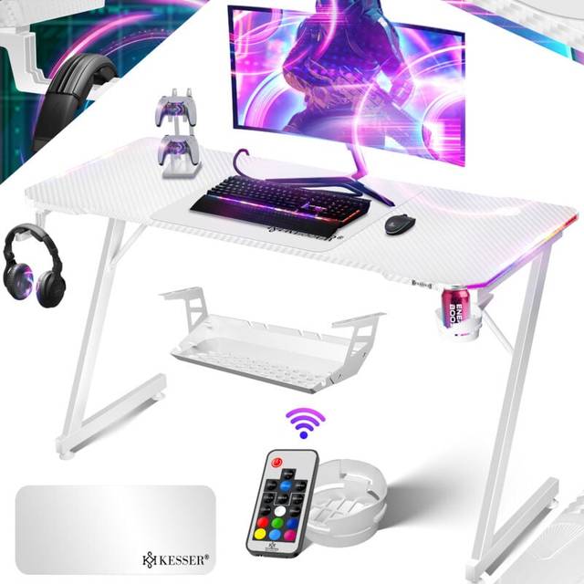 KESSER® Gaming bord LED 140 cm x 60 cm | Z-form gamer-skrivbord | hörlurskrok och kolbeläggning | ergonomiskt datorbord | stabilt bord och mugghållare vit