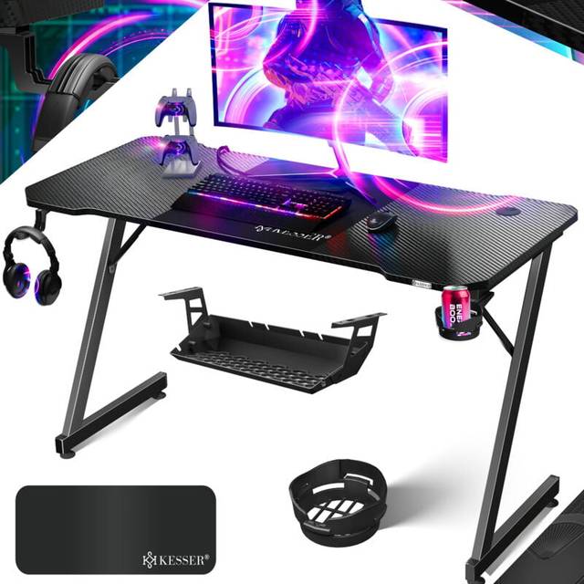 KESSER® Gamingbord 140 cm x 60 cm | Z-form gamer-skrivbord | hörlurskrok och kolbeläggning | ergonomiskt datorbord | stabilt bord med mugghållare svart