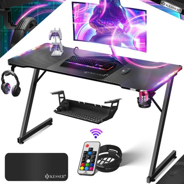 KESSER® Gaming bord LED 140 cm x 60 cm | Z-form gamer-skrivbord | hörlurskrok och kolbeläggning | ergonomiskt datorbord | stabilt bord och mugghållare svart