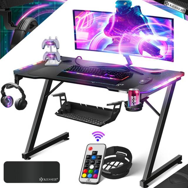 KESSER® Gaming bord LED 100 cm x 60 cm | Z-form gamer-skrivbord | hörlurskrok och kolbeläggning | ergonomiskt datorbord | stabilt bord med mugghållare svart