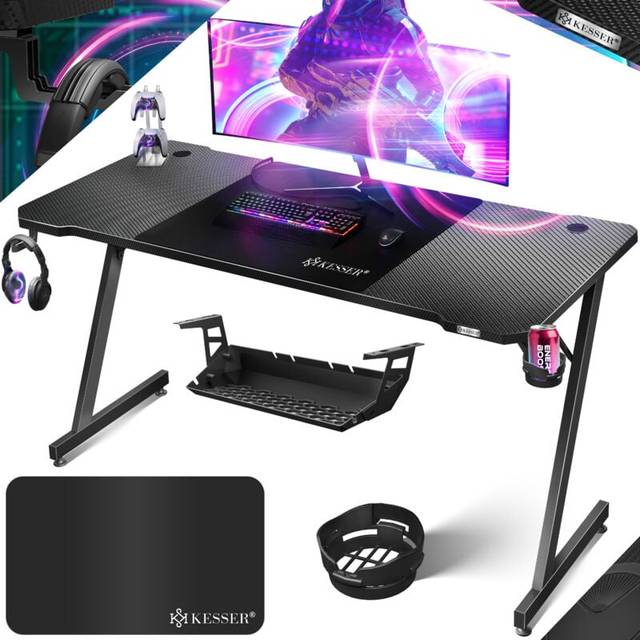 KESSER® Gamingbord 160 cm x 60 cm | Z-form gamer-skrivbord | hörlurskrok och kolbeläggning | ergonomiskt datorbord | stabilt bord med mugghållare svart