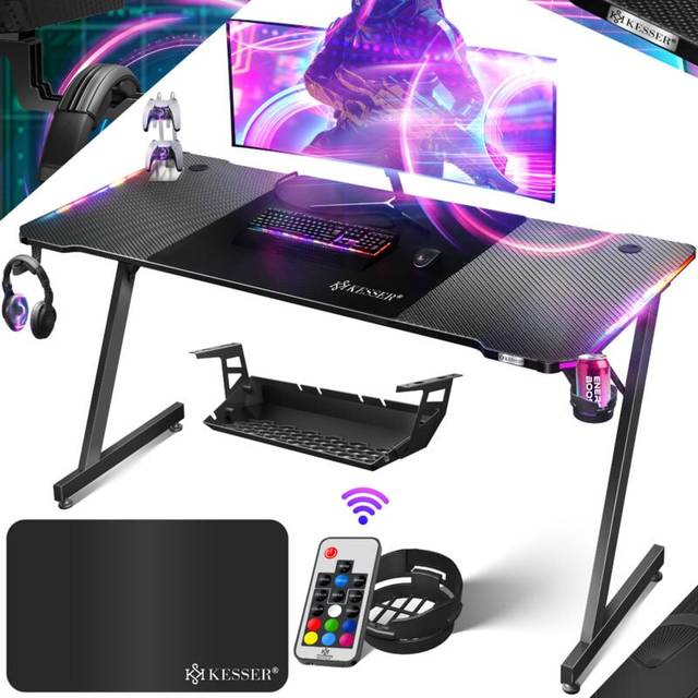 KESSER® Gaming bord LED 160 cm x 60 cm | Z-form gamer-skrivbord | hörlurskrok och kolbeläggning | ergonomiskt datorbord | stabilt bord med mugghållare svart