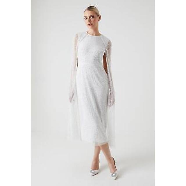 Embellished Cape Sleeve Wedding Dress - Ivory - 8