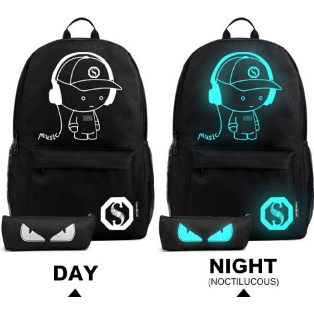 22L Children Glow In The Dark Backpack, 2 in1 USB Backpack Black