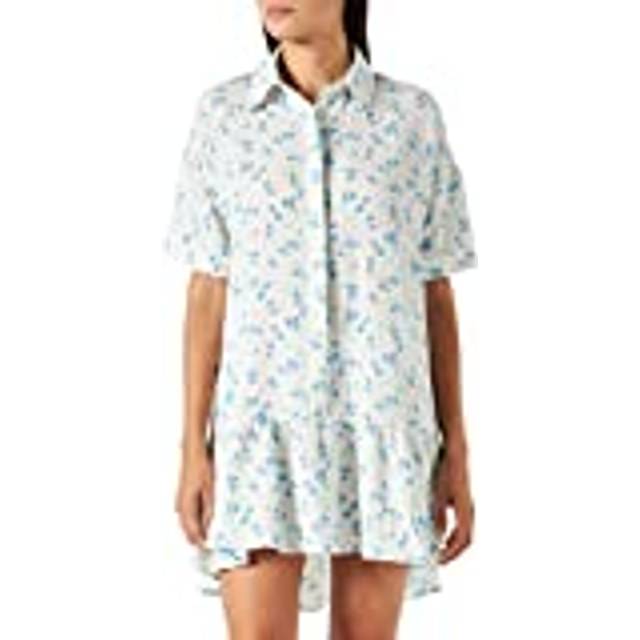 Womens Blue Floral Mini Shirt Dress in White - 14