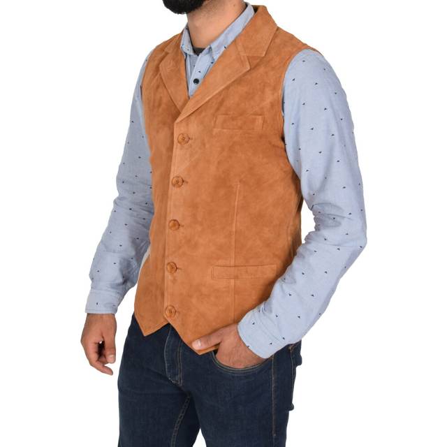 (Tan, M) Mens Real Suede Leather Waistcoat Classic Vest Yelek Status Tan