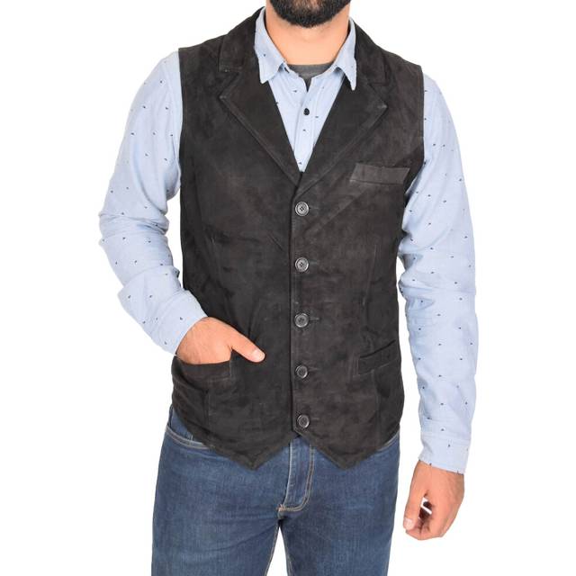 (Black, M) Mens Real Suede Leather Waistcoat Classic Vest Yelek Status Black