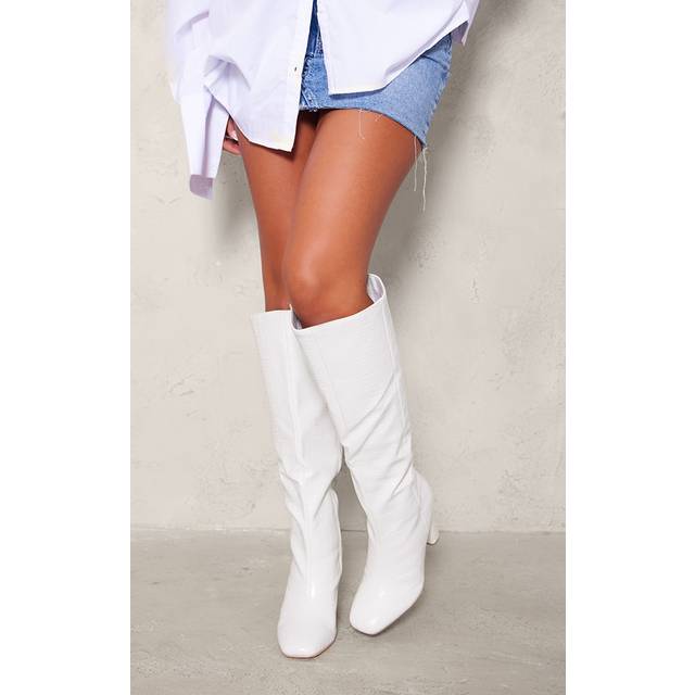 White Wide Fit Pu Croc Square Toe Block Heel Knee High Boots, White - 8