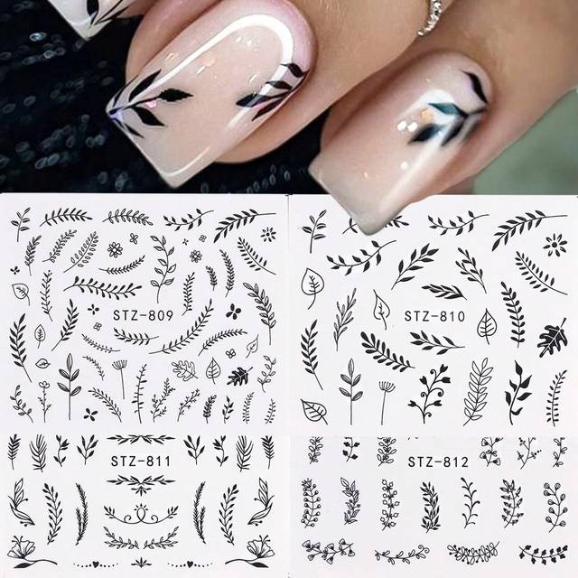 SHEIN Valentines Black Nail Stickers Water Transfer Fresh Nail Decals For Nail Art, Palm Leaf Flower Nail Design Stickers For DIY Nails Design Manicure Tips