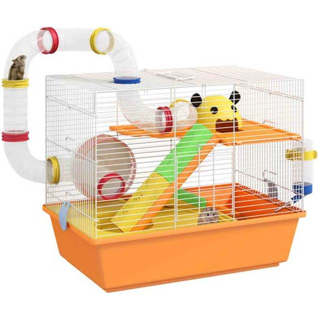 PawHut Hamster Cage - 3 Tiers Gerbil Cage for Dwarf Hamsters with Tubes - Ladder | TJ Hughes Orange
