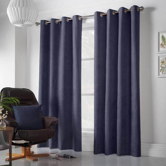 Velvet Chenille Ring Top Curtains - Navy - 142cm width x 137cm drop