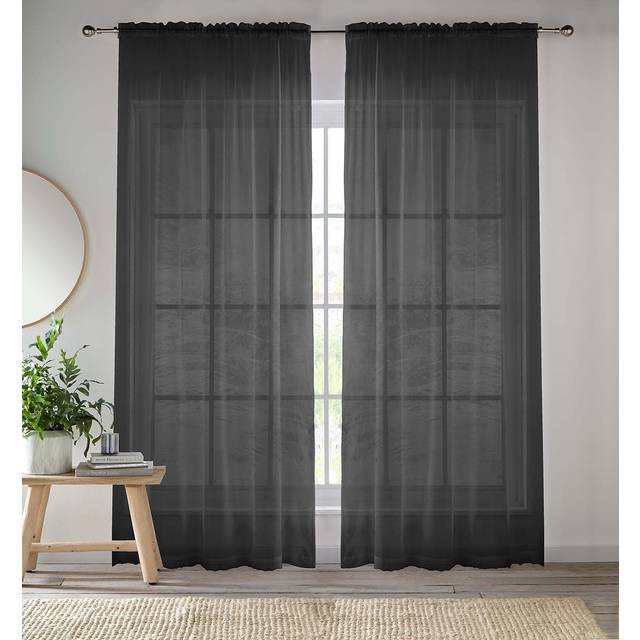Plain Sheer Voile Panel Curtains Panel - Pair with Rod Pocket Header - Black - 145cm width x 122cm drop
