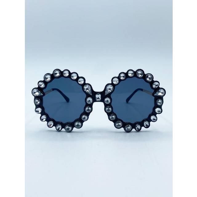 SVNX Womens Round Floral Gem Novelty Sunglasses in Black Metal - One Size