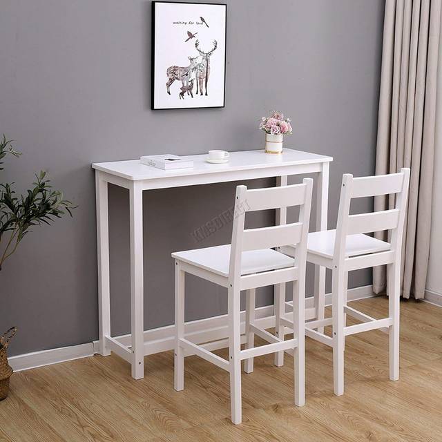 Wooden Bar Table Set with 2 Stools - White