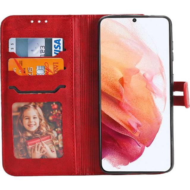 (Red) Wallet Case for Samsung Galaxy S21 Fe 5g Kickstand Embossed All Round Protection Magnetic Closure Card Holder