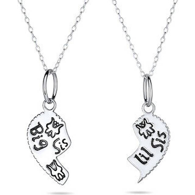 2 PCS BFF Best Friend Sister Big Sister Lil Sister Split Puzzle Heart Break Off Pendant Necklace for Women Sterling [Bling Jewelry] silver