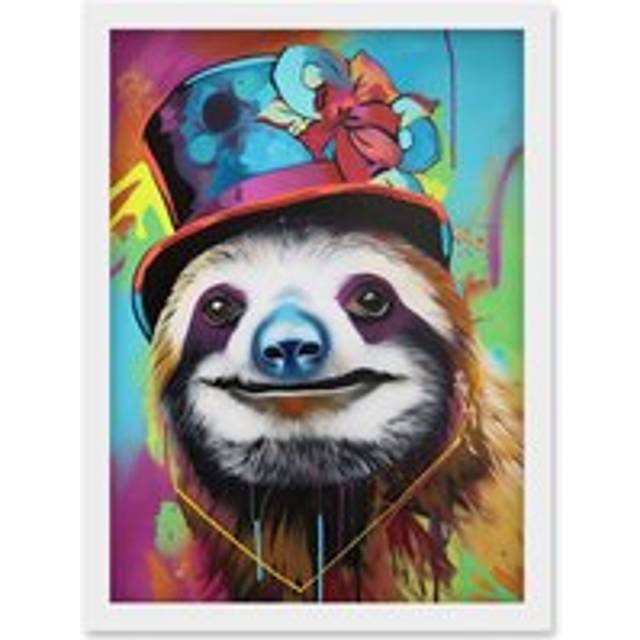 Sloth Wearing Ladies Summer Hat Modern Pop Art Artwork Framed Wall Art Print A4 - White - One Size