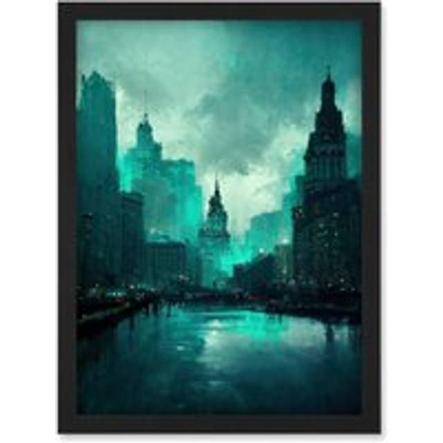 Winter Teal New York Hudson River Cityscape Artwork Framed Wall Art Print A4 - Black - One Size