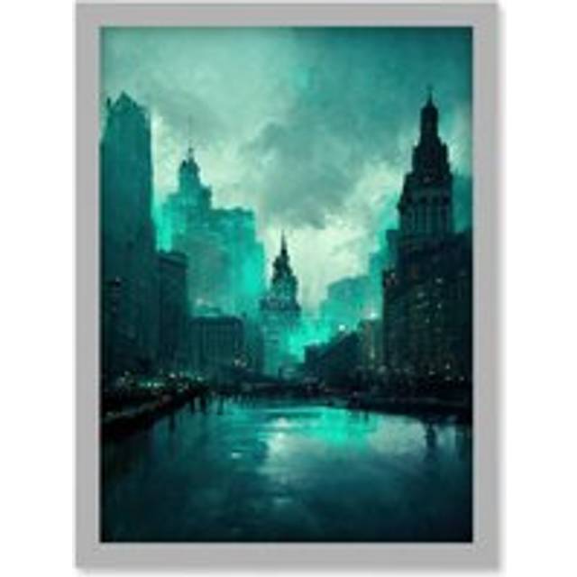 Winter Teal New York Hudson River Cityscape Artwork Framed Wall Art Print A4 - Grey - One Size