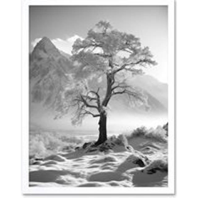 Wall Art Print Frozen Tree in Snowy Mountain Landscape Bright Black and White Photograph Winter Sunrise Crisp Morning Light Art Framed - W12 inch x H1 - W12 inch x H16 inch