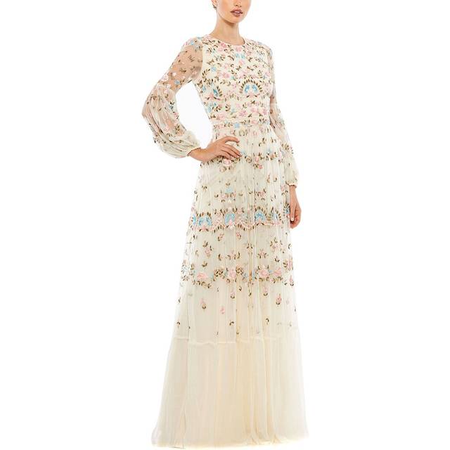 Mac Duggal Embroidered High Neck Illusion Sleeve Tiered Gown