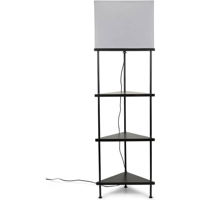 Black Wooden 3 Tier Corner Floor Lamp Grey Shade Storage Shelves Light
