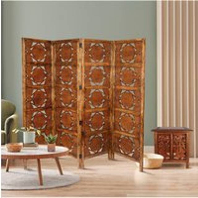 (LIGHT BROWN) 4 Panel Wooden Swirl Design Screen Room Divider