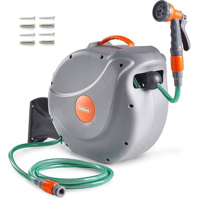 VonHaus 20m Wall Mounted Hose Reel w/ Auto Rewind, Fixings, Grey