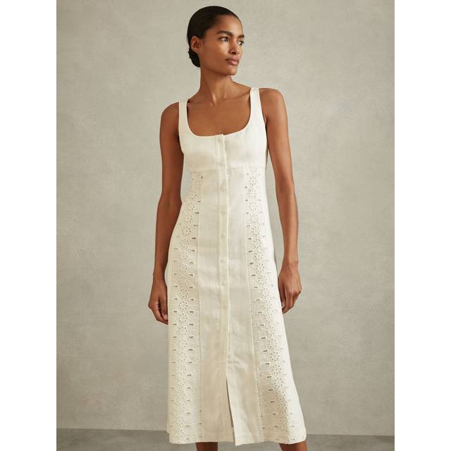 Reiss Womens Ivory Clarice Broderie Linen Midi Dress 8 - IVORY