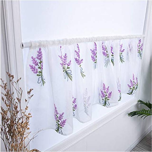 LIZHOUMIL Kitchen Curtains Flower Embroidery Net Curtain Pastoral Shade Kitchen Curtains Half Curtain Short Panel Drapes purple 100X50CM wear rod