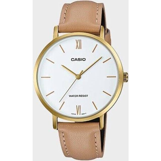 Casio Ltp-vt01gl-7b White Analog Brown Leather Quartz Ladies Casual Dress Watch