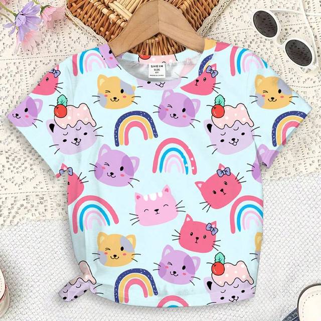 SHEIN Young Girl Casual Simple Cat Pattern Short Sleeve T-Shirt Suitable For Summer