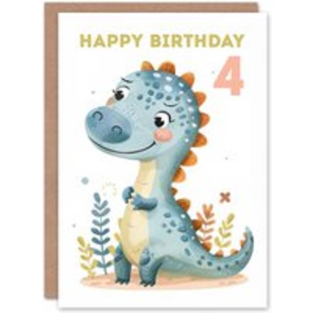 4th Birthday Card Cute Blue Dinosaur Cartoon Drawing Kids Age 4 Year Old Child