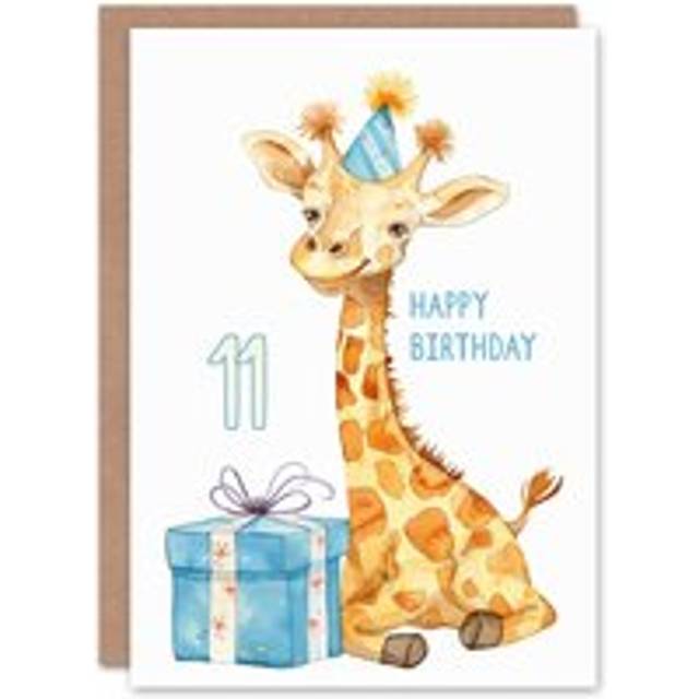 11th Birthday Card Cute Giraffe Party Hat Cartoon Fun Kids Age 11 Year Old Child