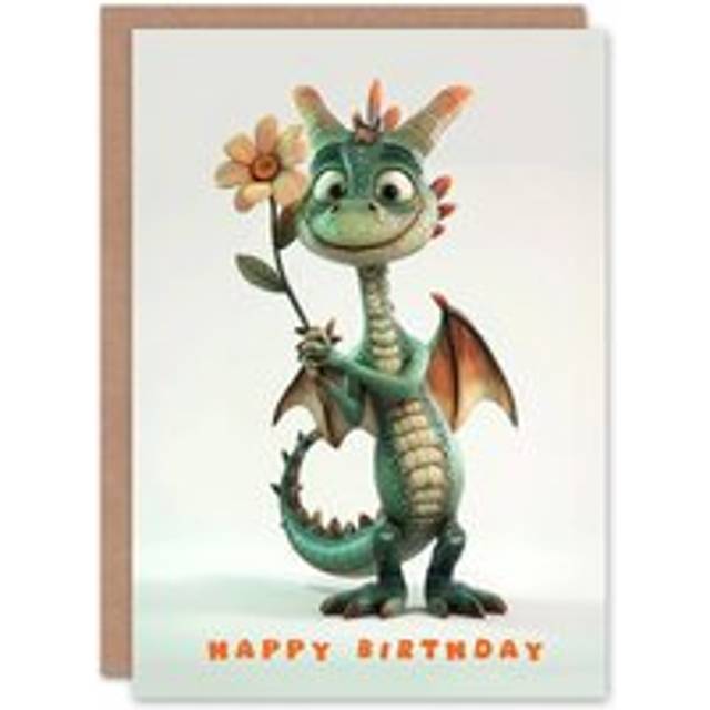 Birthday Card Cute Dragon With Daisy Flower Cartoon For Girl Boy Kids