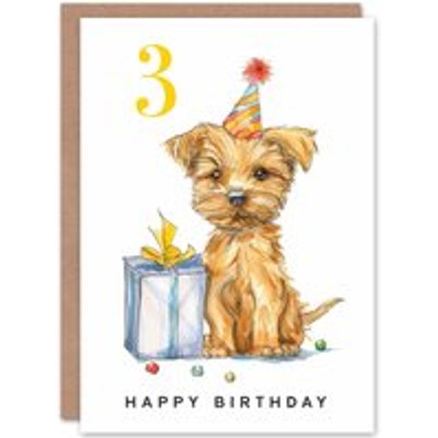 3rd Birthday Card Cute Terrier Dog Puppy Party Hat Kids Age 3 Year Old Child