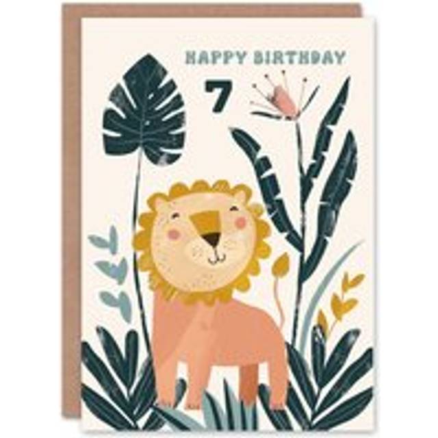 7th Birthday Card Cute Happy Lion Jungle Flowers Kids Age 7 Year Old Child
